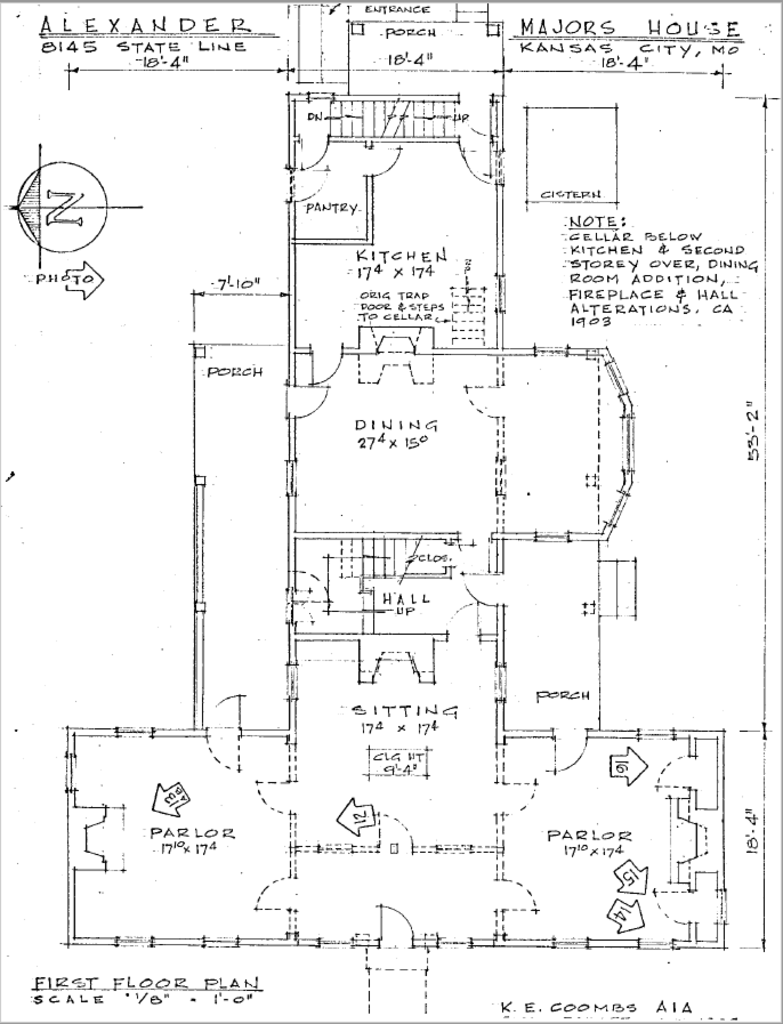 The house's first floor. Note the several modifications made to the stairway, central fireplace and kitchen fireplaces, dining room, and bedroom. [source](Alexander Majors House - 70000335.pdf. (n.d.))