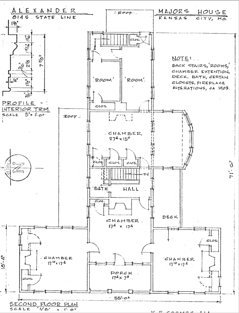 The house's second floor. Note the modifications to the bathroom at the northern end and the additional closets on the western wall of the master bedroom. [source](Alexander Majors House - 70000335.pdf. (n.d.))