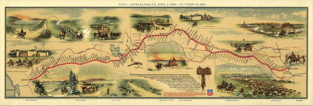 A map of the Pony Express created by William Henry Jackson, c. 1935. [source](http://memory.loc.gov/cgi-bin/map_item.pl?data=/home/www/data/gmd/gmd405/g4051/g4051p/tr000221.jp2&itemLink=D?gmd:1:./temp/~ammem_Pj48::@@@mdb&title=Pony+express+route+April+3,+1860+-+October+24,+1861+/+W.H.+Jackson+;+issued+by+the+Union+Pacific+Railroad+Company+in+commemoration+of+the+Pony+Express+Centennial,+April+3,+1960+-+October+24,+1961.&style=gmd&legend=)