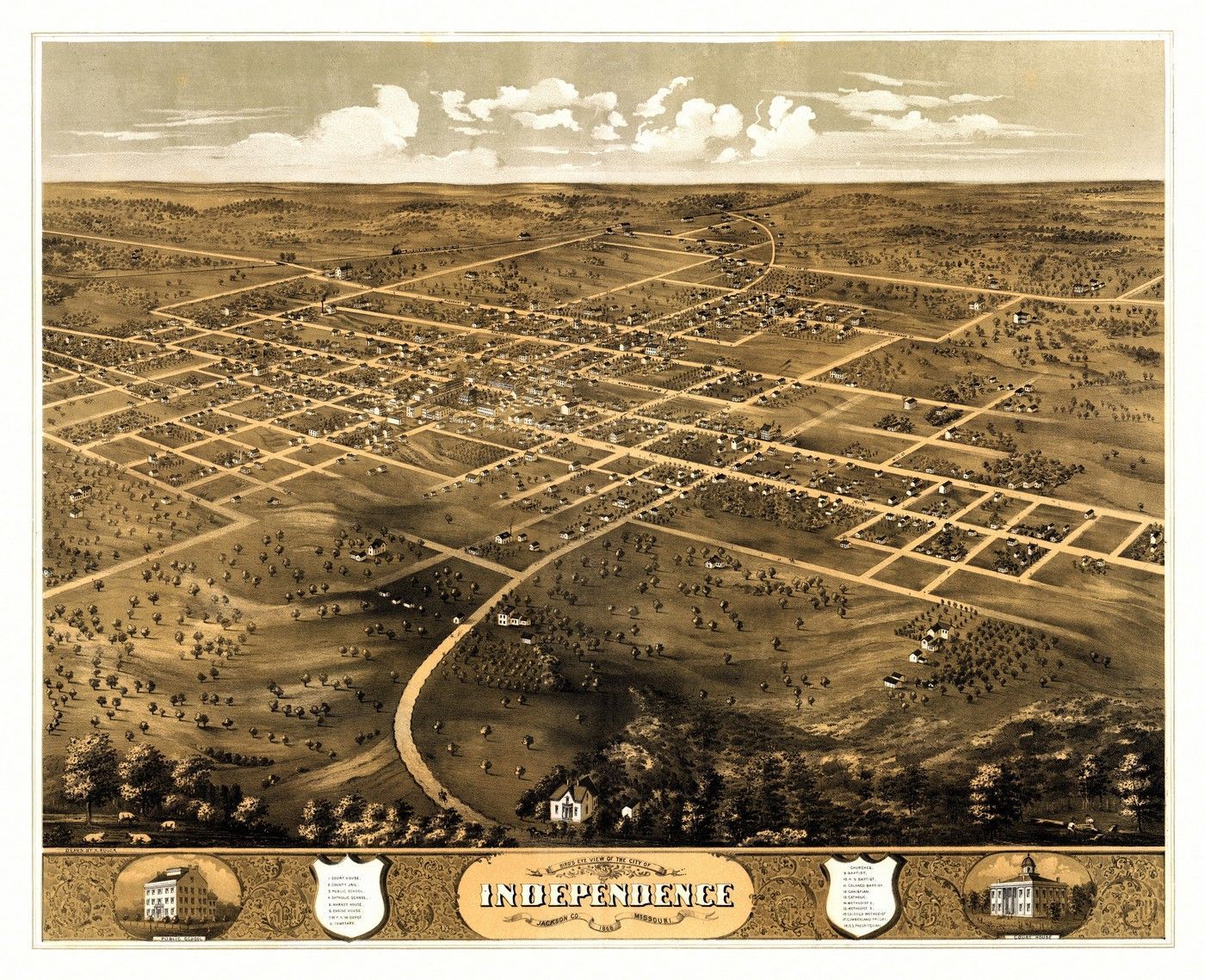A birds-eye view of Independence, Missouri in 1868. [source](https://www.pinterest.com/pin/371265563013951241/)