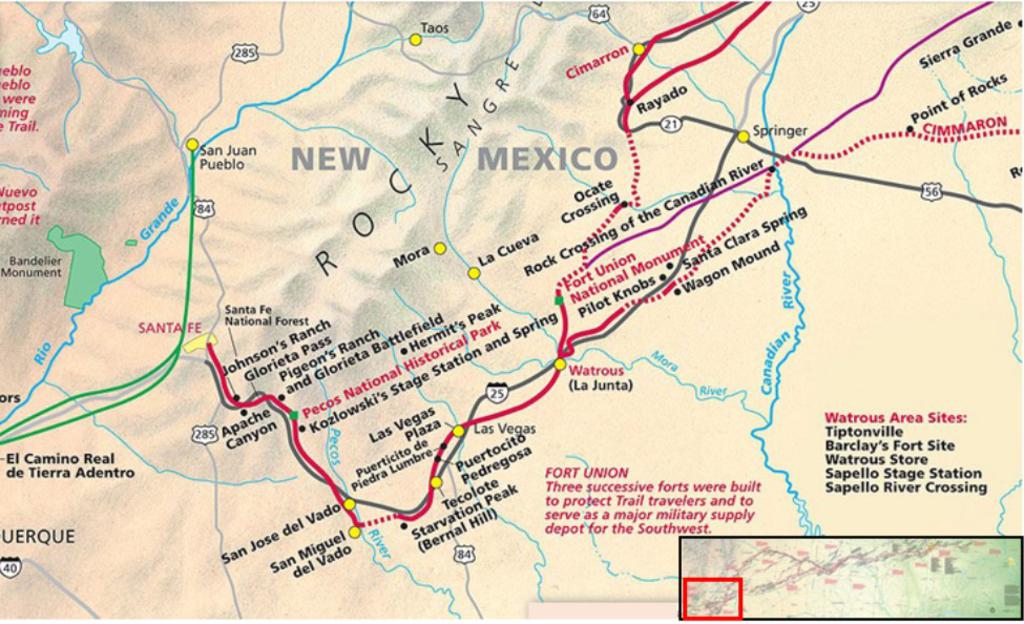 La Cueva in the context of the Santa Fe Trail. [source](https://www.nps.gov/safe/planyourvisit/maps.htm)