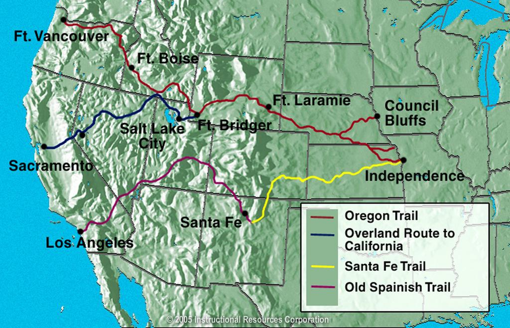 Routes of trade and migration in the 1800s, including the Santa Fe Trail and the Oregon Trail. Note Independence's geographic importance for these overland highways. [source](https://www.google.com/search?rlz=1C1MSIM_enUS530US530&biw=1920&bih=969&tbm=isch&sa=1&ei=jVQDXOxAquCPBNeZvtAF&q=santa+fe+trail+1840+independence+missouri&oq=santa+fe+trail+1840+independence+missouri&gs_l=img.3...18051.25075..25385...2.0..0.139.2090.22j2......1....1..gws-wiz-img.8QzhBGUWfqc#imgrc=0g6KaGBWrzuWCM:)